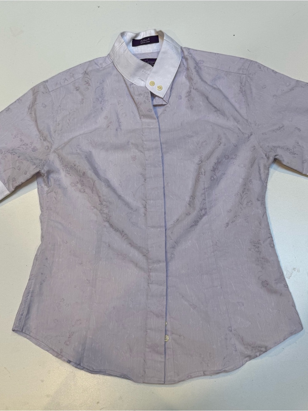 Women's Lavender Button-Up Blouse with White Contrast Collar